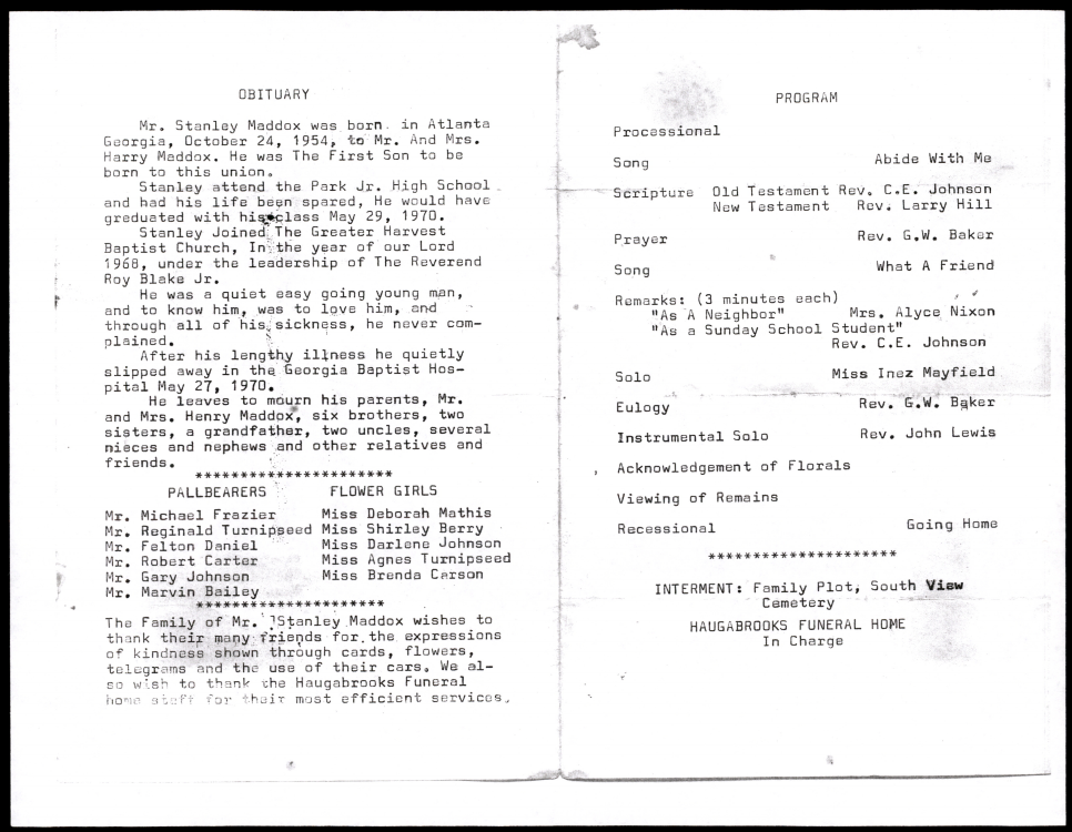Funeral program for Mr. Stanley Maddox